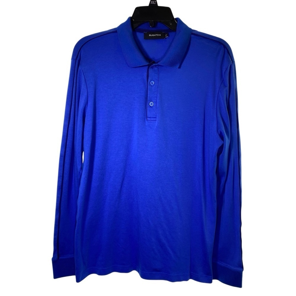 BUGATCHI Men's size Large Solid Blue Polo Shirt Long Sleeve piping detail